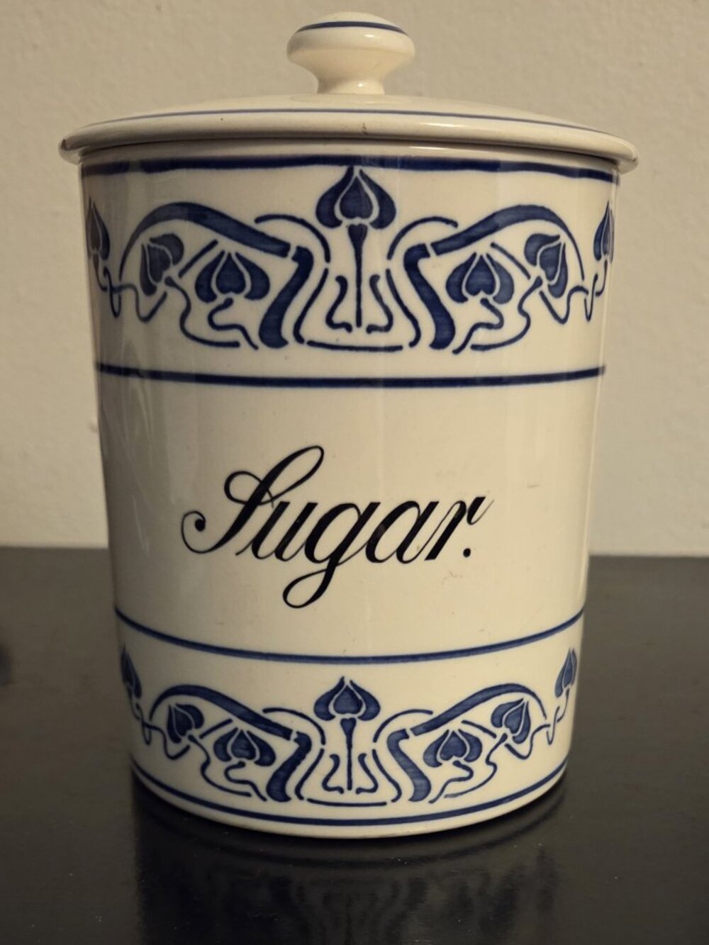 Canister vintage German ceramic Art nouveau blue onion design; Sugar; lidded